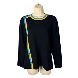 Carlisle Collection Sweater Top Medium Black Racer Stripe Crest Button Old Money